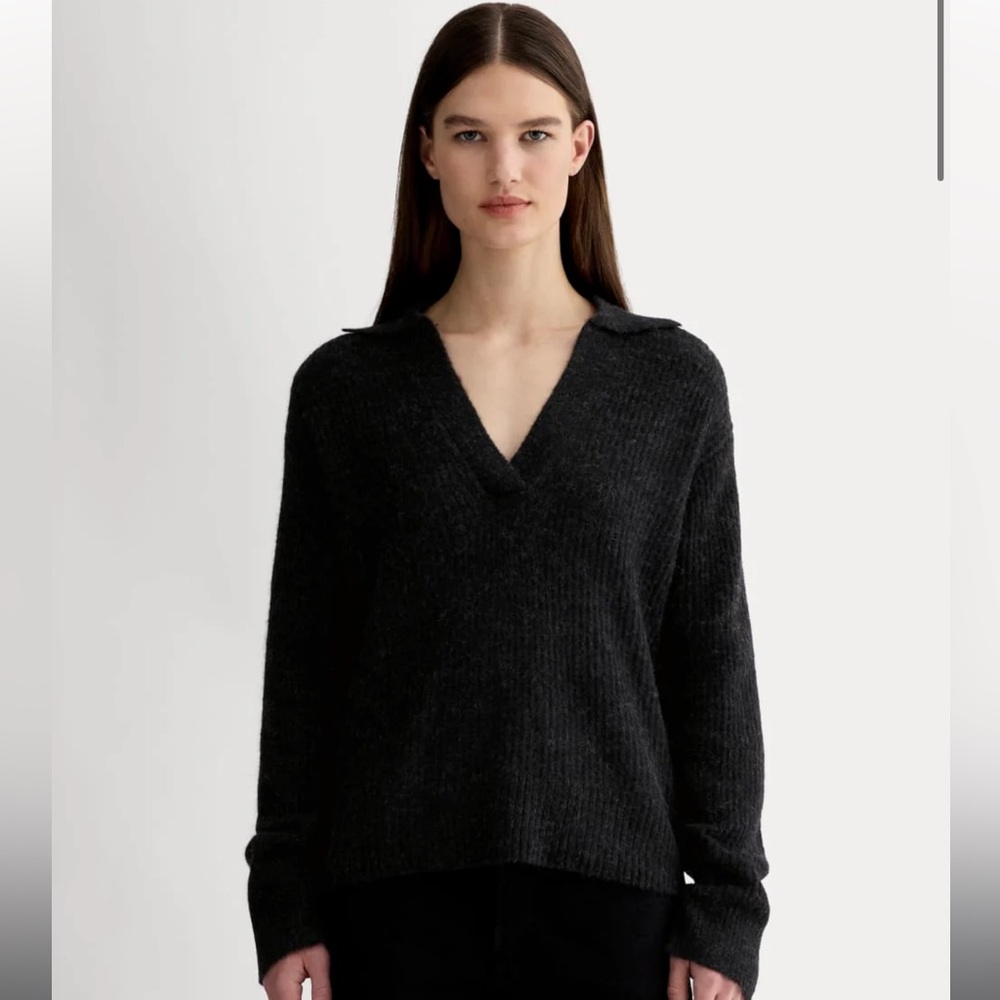 NWOT Women's Heathered Black Oversized Polo V-Neck Sweater in Alpaca